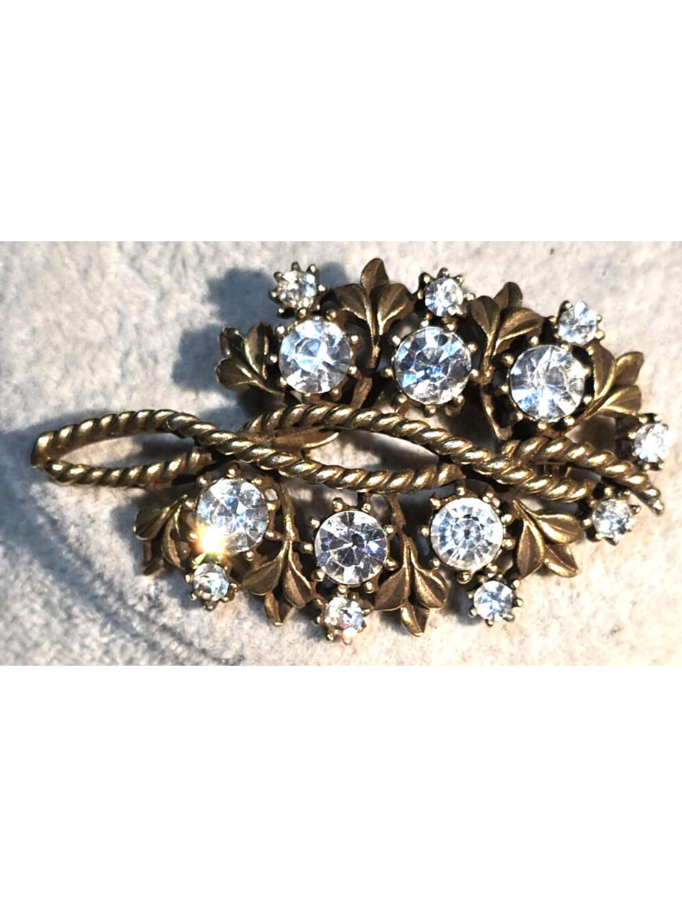 Vintage Coro Brooch Gold Tone Rhinestones Leaf Swag Rope Twist 2.25"